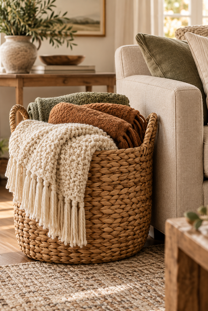 25 Luxury Living Room Ideas That Look Polished and Live Easy cozy basket of layered throws