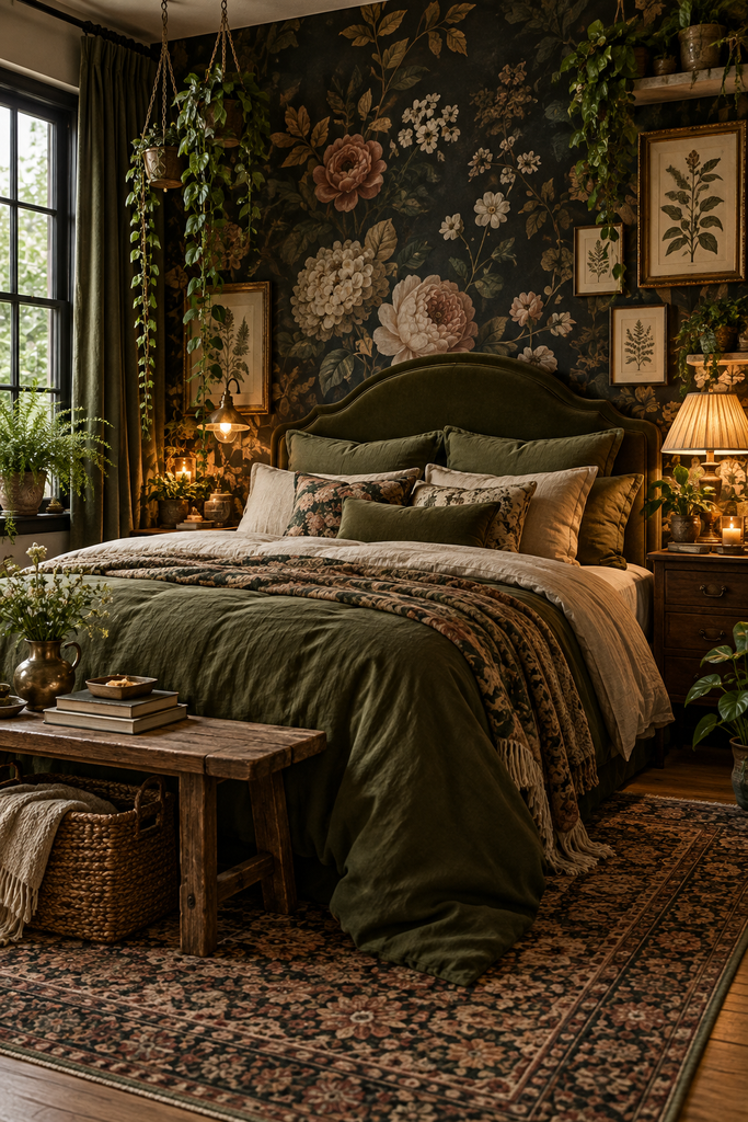 moody botanical vintage bedroom