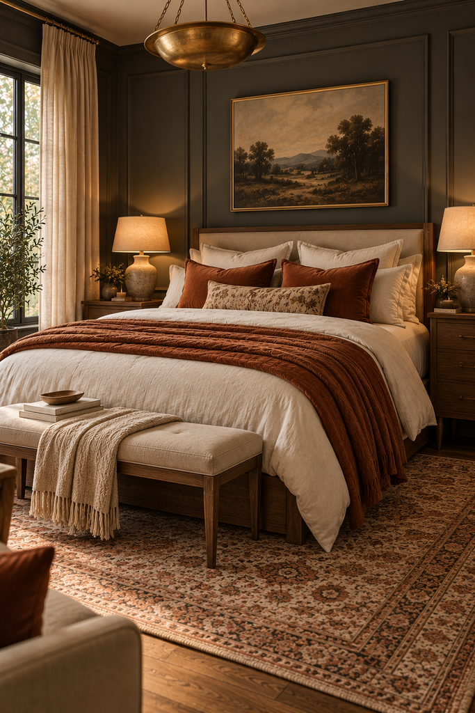 moody rust and cream bedroom retreat