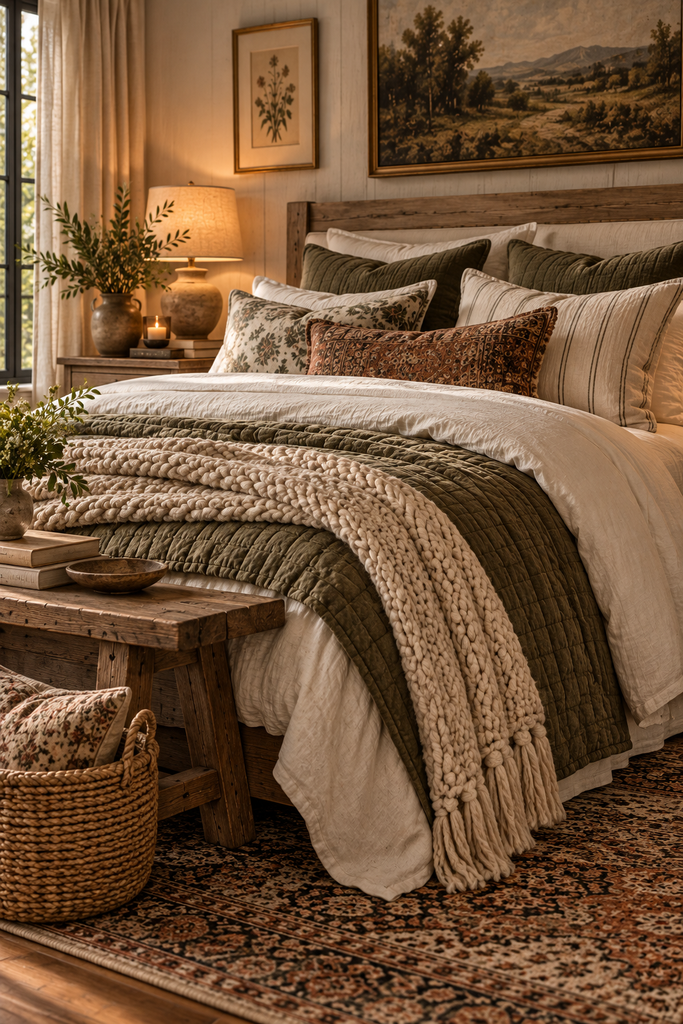 rustic luxe layered bedroom retreat