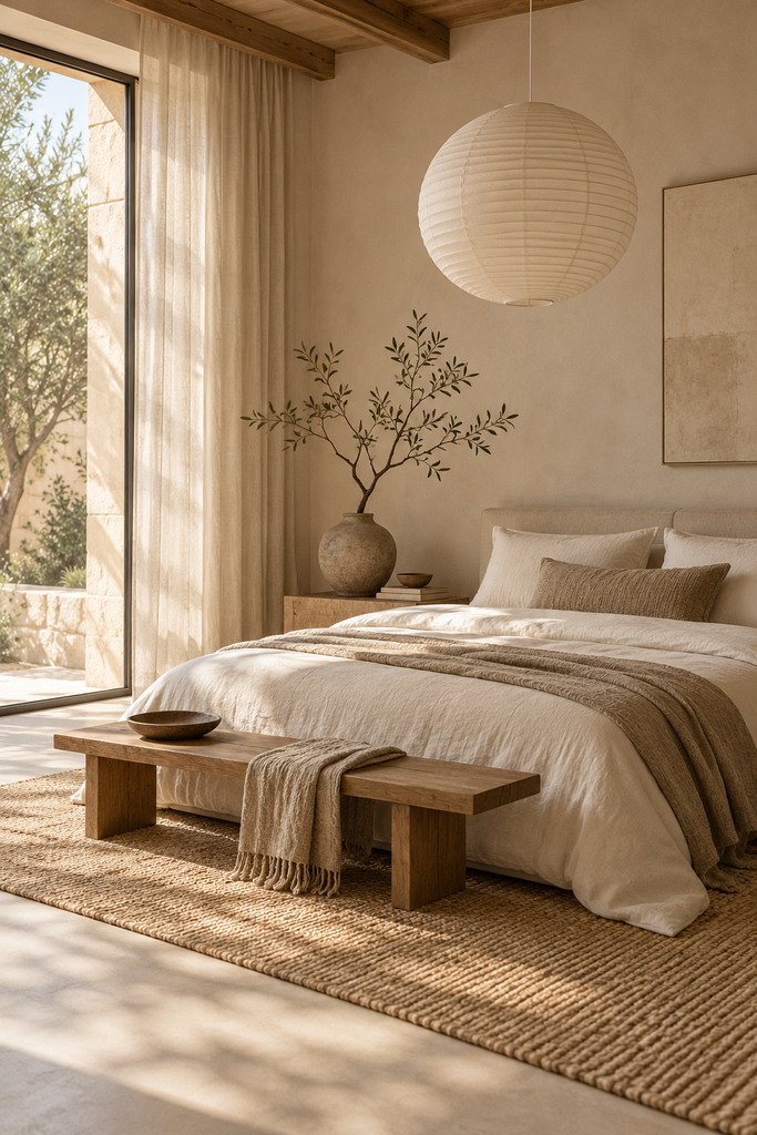 sunlit minimalist linen bedroom