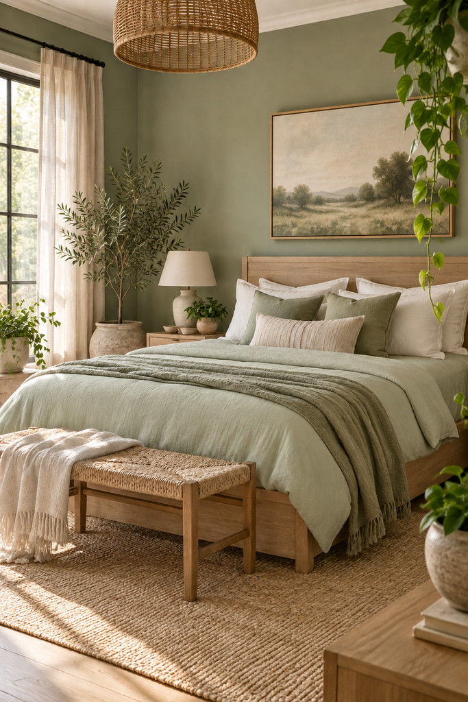 sunlit sage green farmhouse bedroom