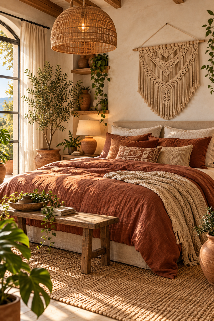 sunlit terracotta boho bedroom