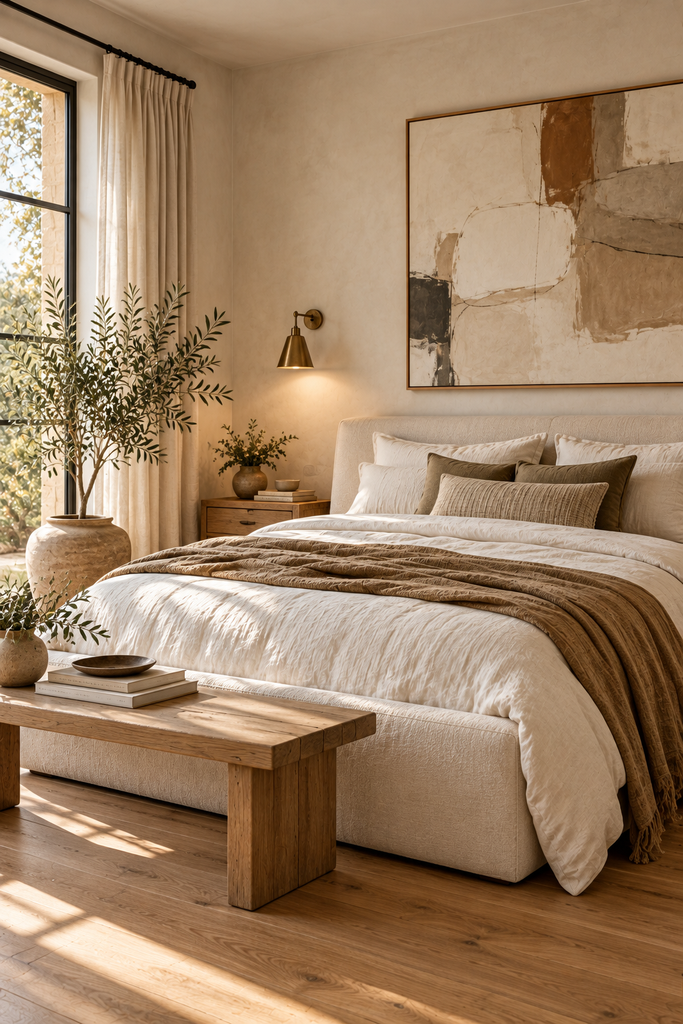 warm neutral modern bedroom retreat
