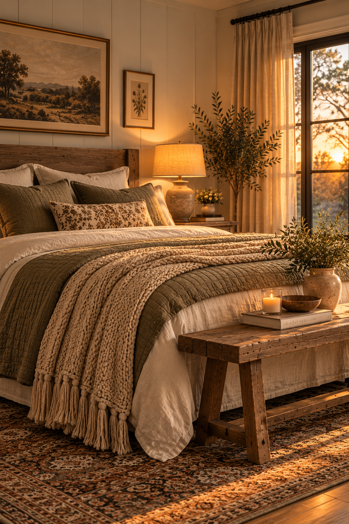 warm rustic bedroom at sunset