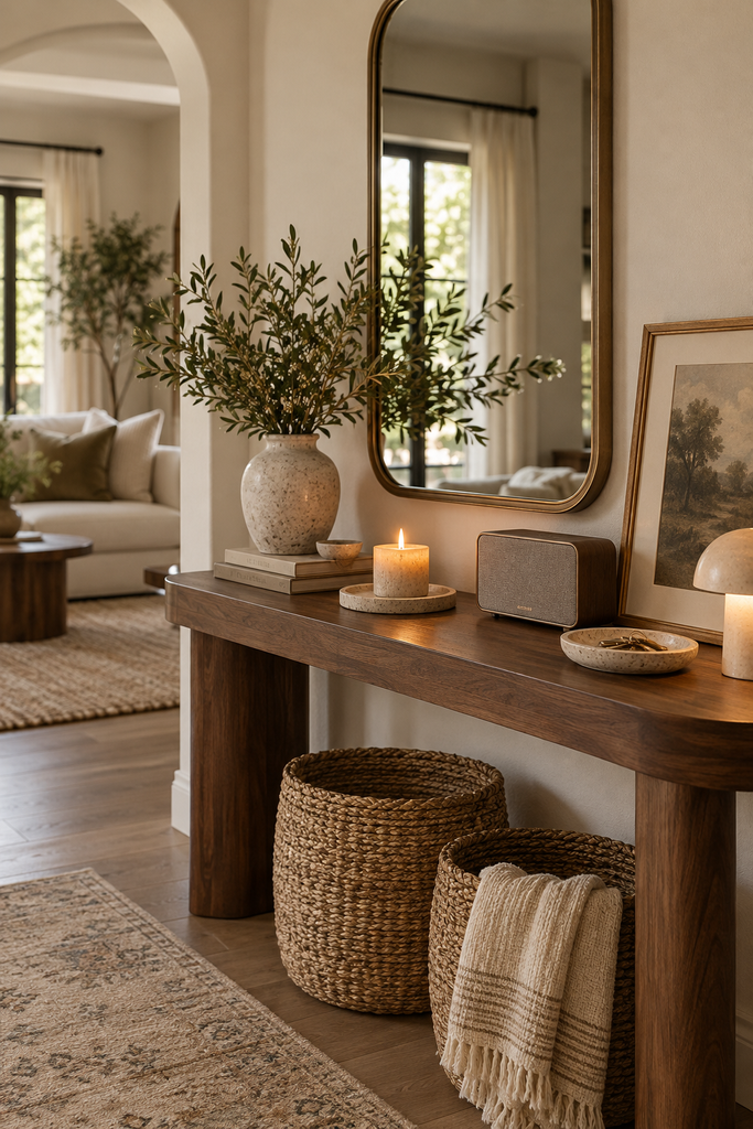 25 Luxury Living Room Ideas That Look Polished and Live Easy warm rustic entryway with candlelight