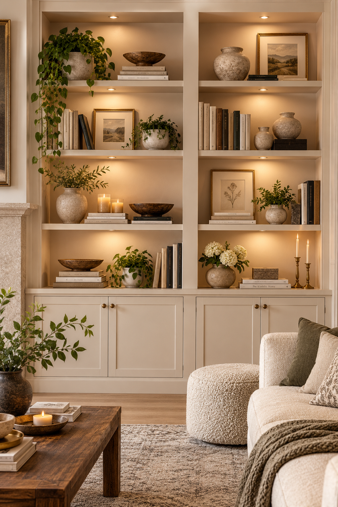 25 Luxury Living Room Ideas That Look Polished and Live Easy warmly lit shelves and earthy decor